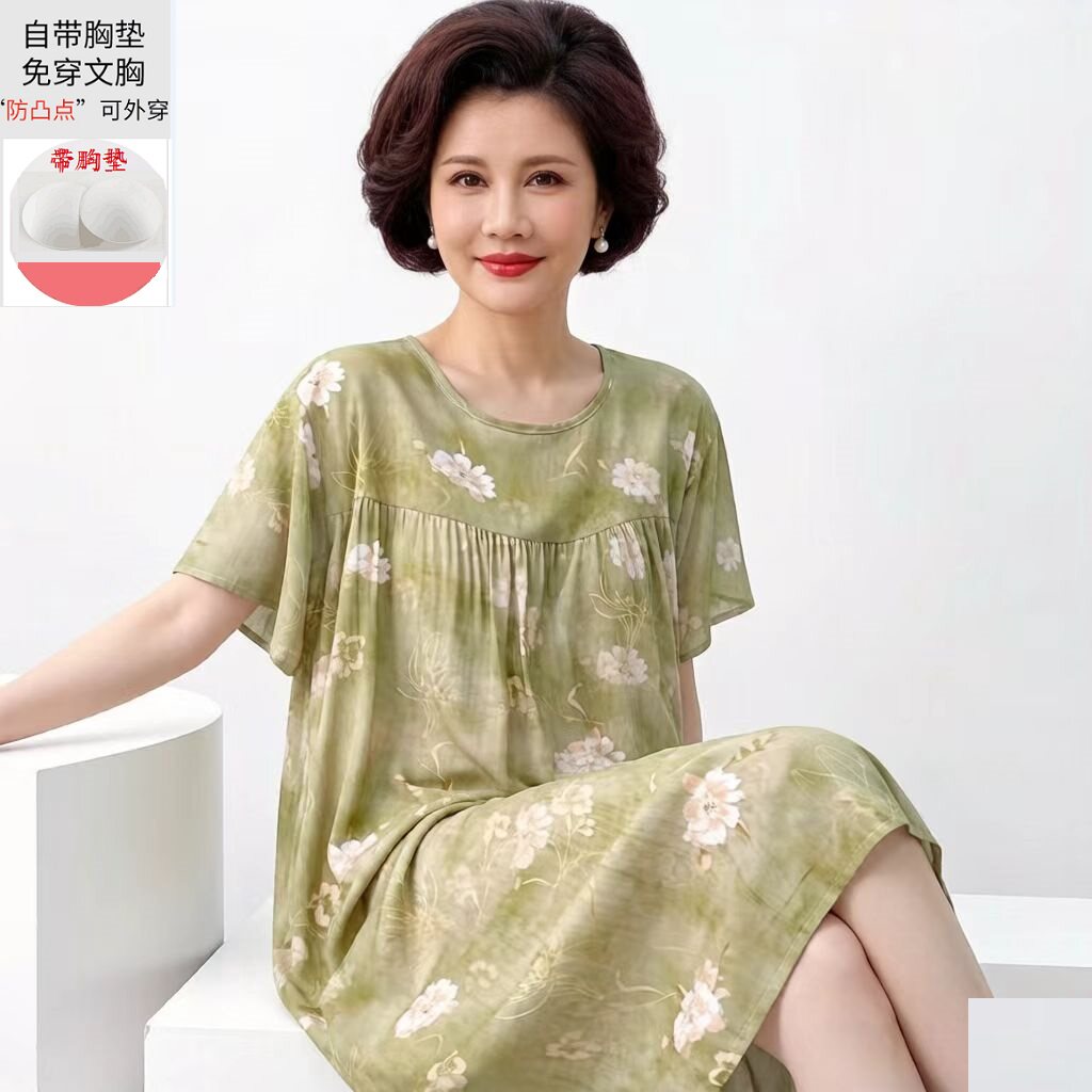 夏季中老年妈妈胸垫棉绸睡裙