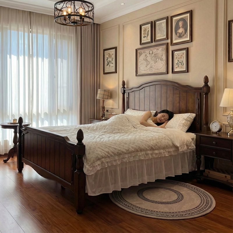 美式双人实木床轻奢家具乡村1.8现代简约欧式单人1.5米棕色主卧床