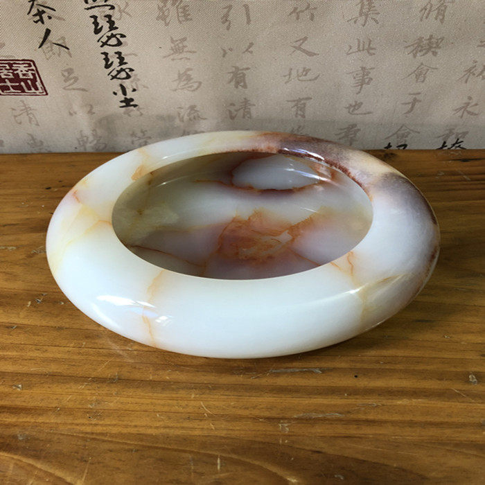 16cm圆形天然玉石烟灰缸摆件客厅公司样板房装饰拍戏摆设工艺礼品