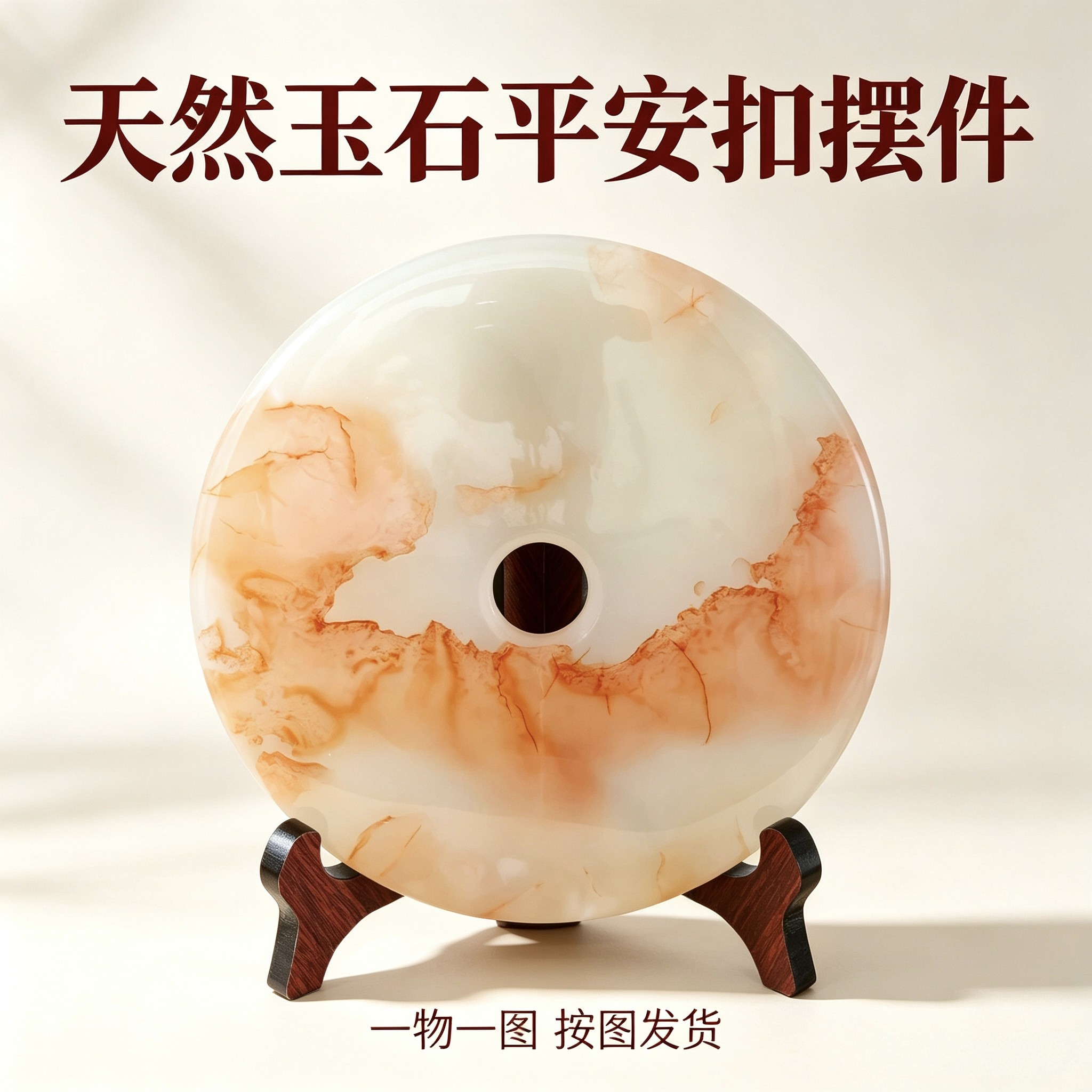 天然阿富汗玉石平安扣摆件红花冰玉开业公司实用摆设玉璧山脉图案