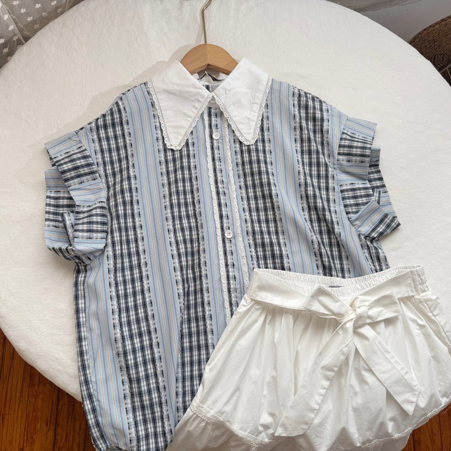 女童夏款童装 套装 大童青少年翻领宽松版衬衫+白色半裙 一套
