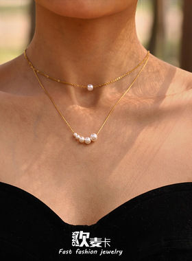欧麦卡高光贝珠设计感小众锁骨链大小珍珠项链新款不锈钢颈链配饰