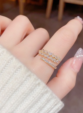 爆闪精致锆石麦穗开口戒指 时尚个性ins小众设计感简约冷淡风