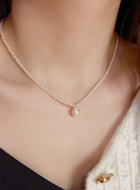法式网红气质项链金属圆环马贝珠吊坠锁骨链小众设计感颈链配饰