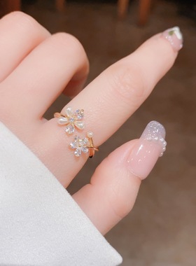 韩国网红时尚温柔气质锆石珍珠花朵开口戒指个性开口戒食指戒指