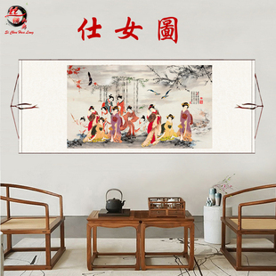 工笔画仕女图挂画唐朝古代人物美女乐器古风屏风装饰丝绸卷轴画