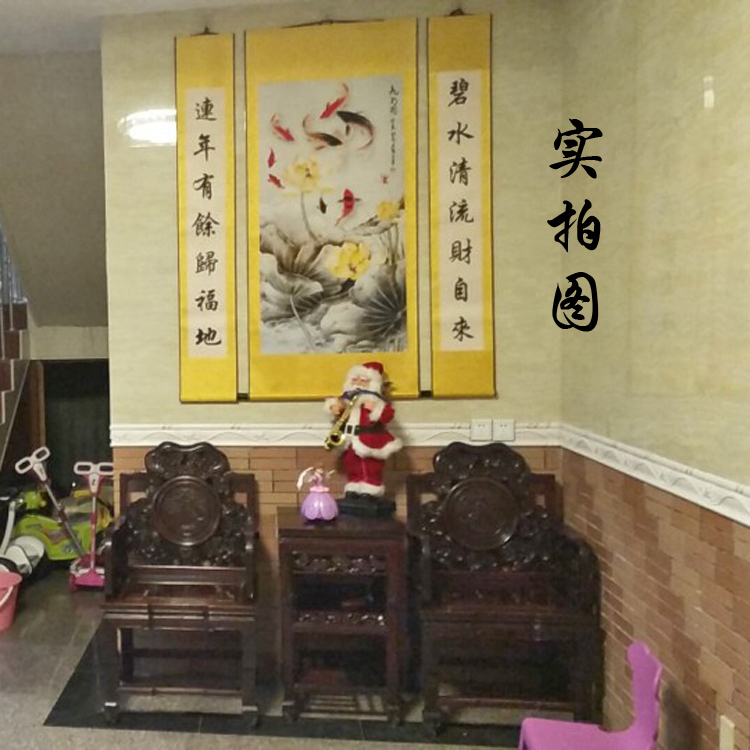 九鱼图中堂对联画花开富贵连年有余丝绸画过年客厅老房子墙壁挂画