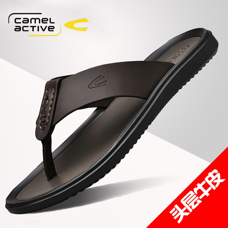 德国骆驼动感人字拖男夏真皮潮流沙滩凉鞋室外防滑凉拖外穿拖鞋潮