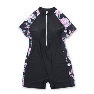 欧美出口女连体泳衣防晒短袖 专业气质拼接冲浪服 成人保守平角泳装