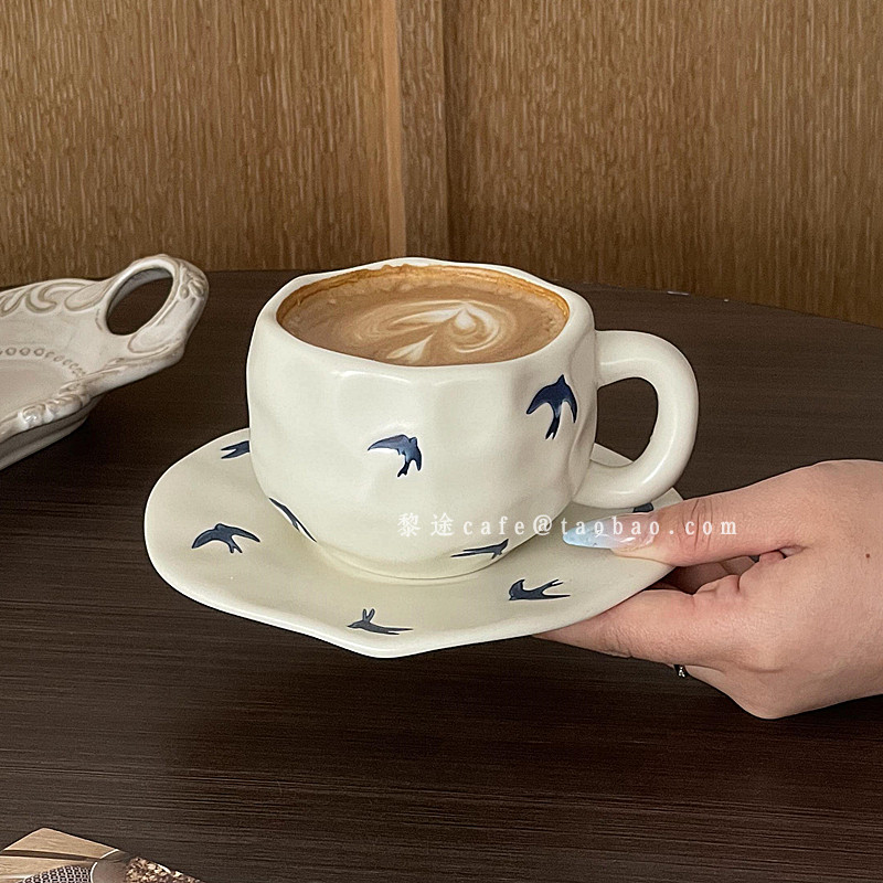 中古风手捏哑白燕归咖啡杯碟