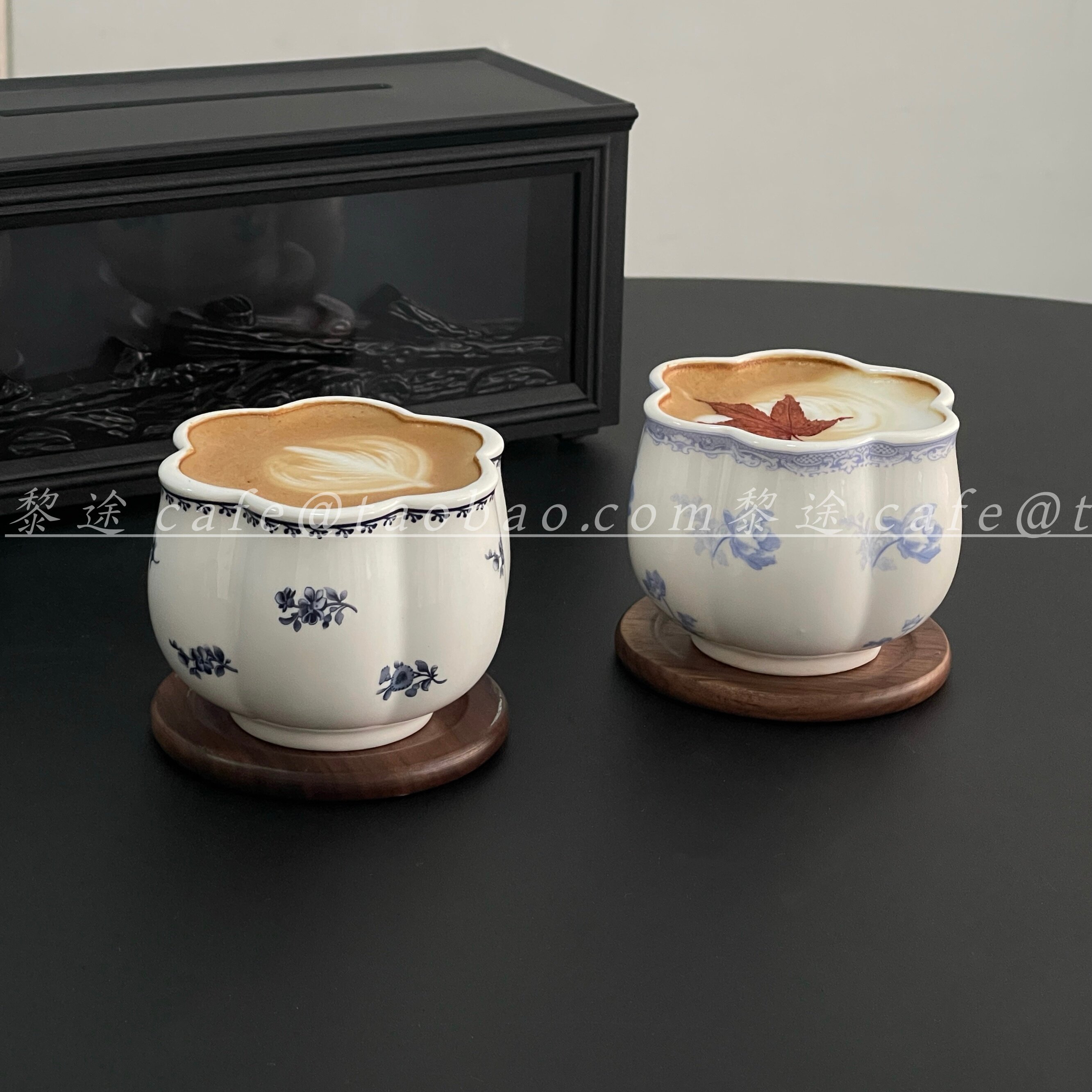 ins风法式复古陶瓷杯蓝花花瓣杯网红咖啡拉花杯家用早餐牛奶杯子