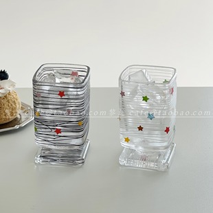 方形复古黑白星星线条玻璃杯ins风果汁杯冰美式咖啡杯特调饮品杯