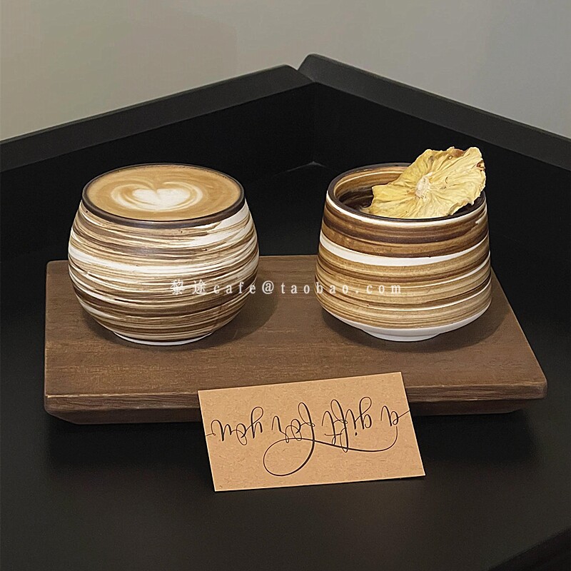 日式手作粗陶拿铁杯复古风陶瓷分享杯澳白拉花杯咖啡店浓缩咖啡杯