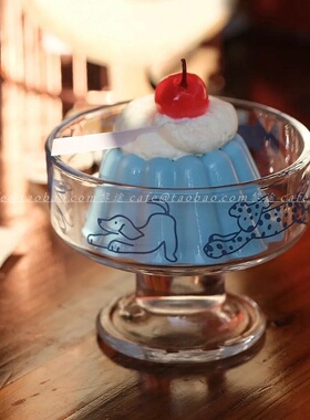 韩国ins可爱插画小猫小狗玻璃杯甜品冰淇淋高脚碗卡通布丁酸奶杯