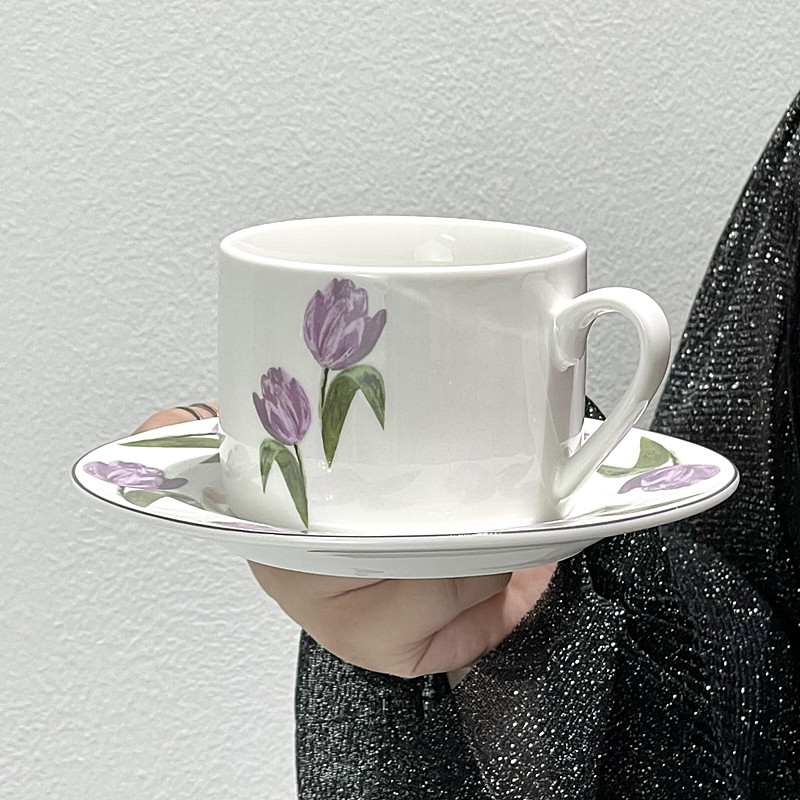 油画系郁金香陶瓷咖啡杯碟