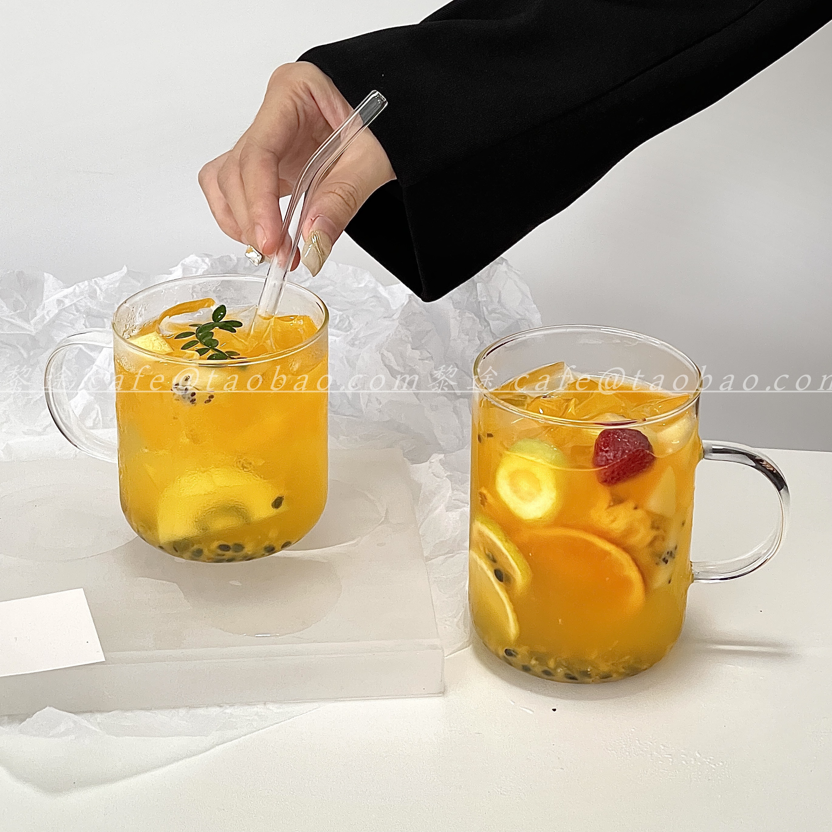 简约玻璃水果杯简约带把手咖啡杯