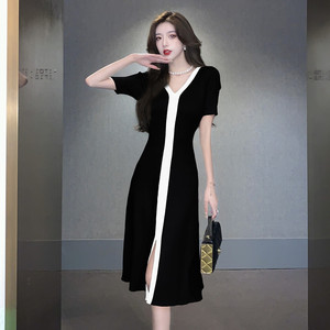 RY129#夏季新款法式复古V领修身显瘦黑白撞色针织开叉连衣裙女