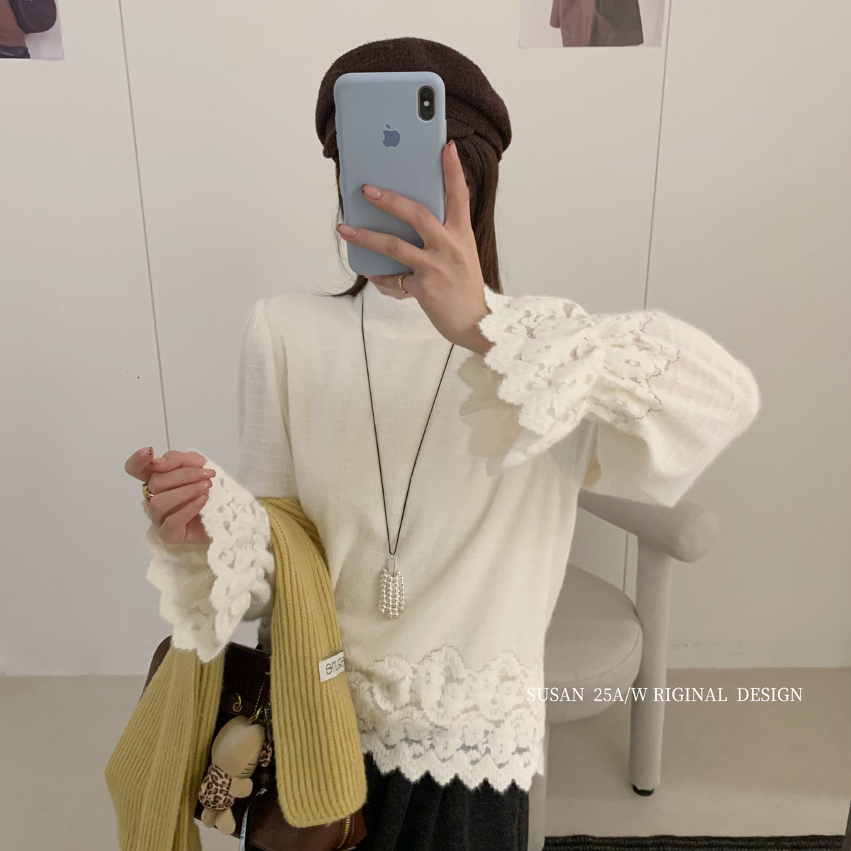 SUSAN-韩里韩气单品气质百搭蕾丝花边拼接打底衫