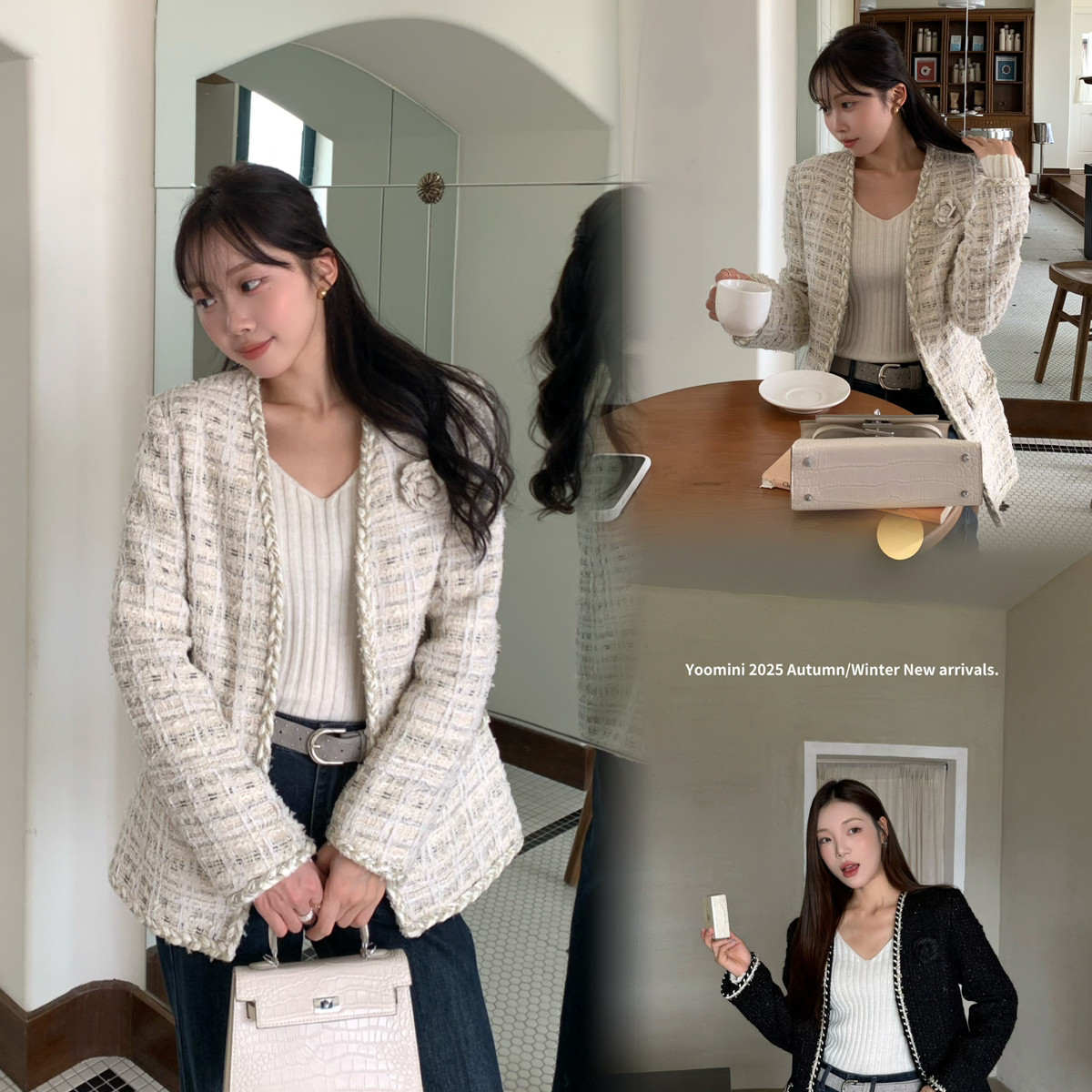 YOOMINI-小香风外套2025秋冬羊毛外套(配花朵胸针)