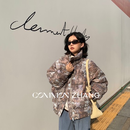 CZ ZHANG-韩系立领小熊印花羽绒服女冬宽松羽绒服