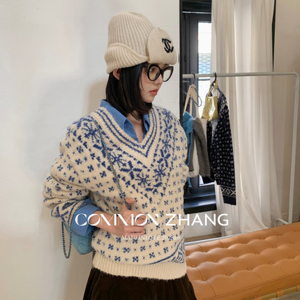 CZ ZHANG-款中古手工北欧费尔岛波普麻花菱格撞色毛衣