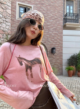 MADEIN OST-年早春19羊毛78天丝空气感小马印花长袖T恤