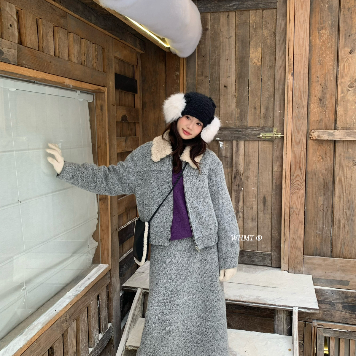 RS.WHMT-s简约羊羔毛翻领拼接羽绒外套+直筒半身裙套装