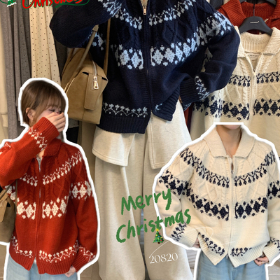 想象SAILORMOON -冬上新复古圣诞费尔岛开衫翻领拉链保暖毛衣
