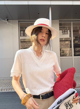 MADEIN OST-26年早春轻法式蕾丝拼接V领短袖T恤