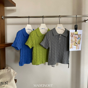 MADEIN OST-美式复古Polo领绞花短袖毛衣针织衫