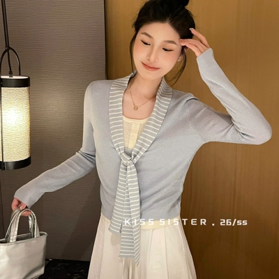 KISS SISTER-通勤百搭·撞色系带设计感假两件上衣显瘦气质针织衫