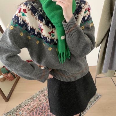 TOMORROW-～超精致重工手工绣花复古撞色套头保暖毛衣