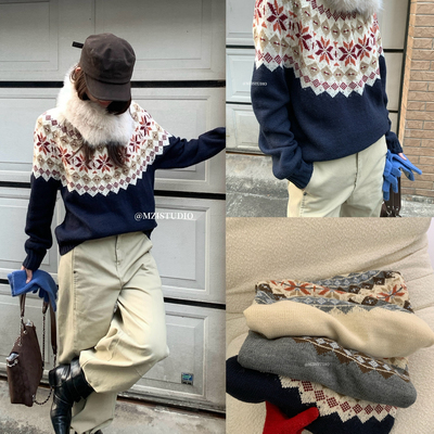 MZI STUDIO-尔岛提花复古巴恩感软糯松弛套头保暖毛衣