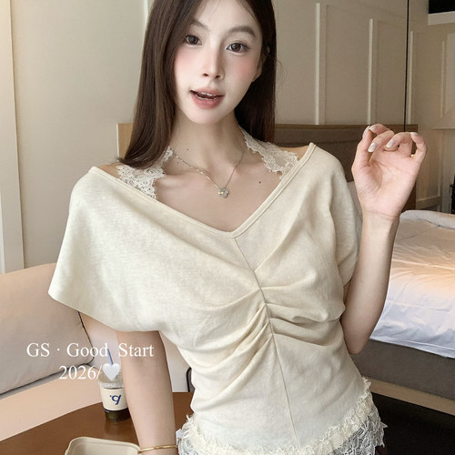 GS.GOOD START-腰设计巨显瘦不挑人韩系温柔气质蕾丝拼接短袖小衫