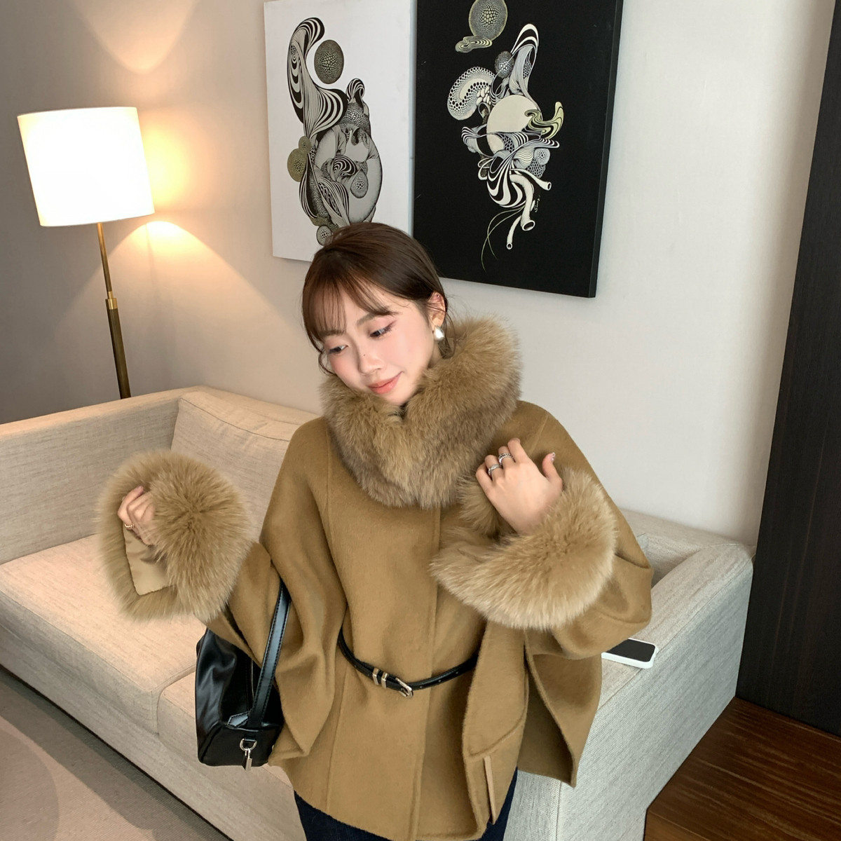 YOOMINI-套(配腰带,可拆卸毛领）