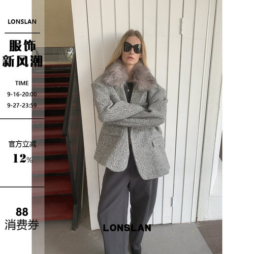 LONSLAN 2024秋冬新款小众设计宽松厚实毛呢高级感西装外套上衣