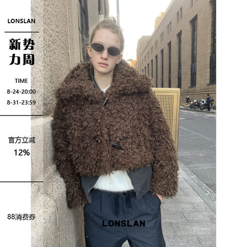 LONSLAN 24WINTER 12/9 20:00NEW卷卷毛牛角扣短款毛毛外套