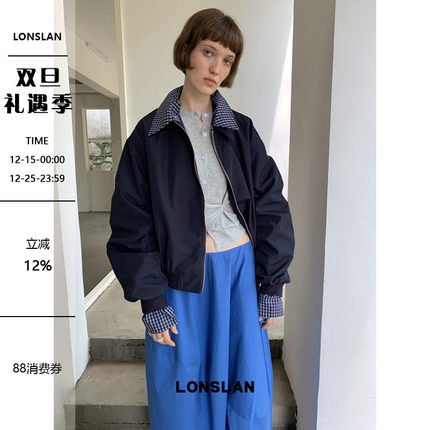 LONSLAN 2025秋季新款 帅气美式复古袖口领子拼接格纹机车外套夹