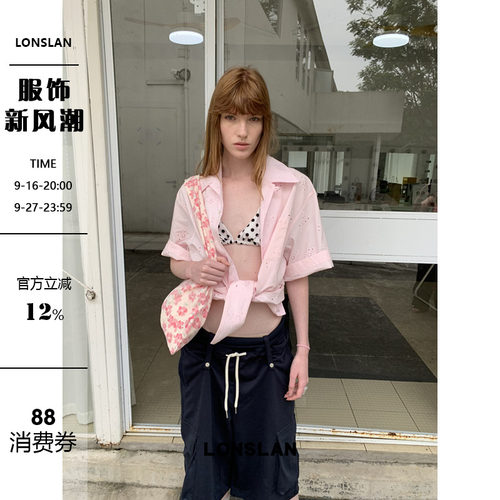 LONSLAN25SUMMER  镂空花朵短袖翻领衬衫