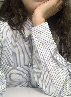 Lonslan 春夏款自制简约细条纹口袋内搭长袖女士衬衫叠穿衬衣