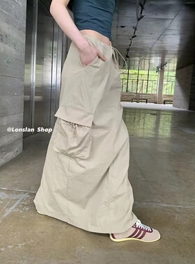 LONSLAN  SUMMER 3/27 00:00 NEW 轻薄工装口袋抽绳长款半裙
