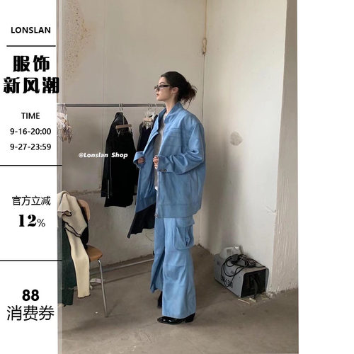 LONSLAN休闲蓝色工装裤套装