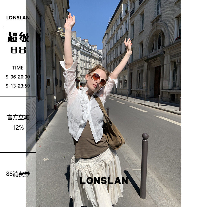 LONSLAN 2025 SUMMER 透视褶皱短款防晒中袖衬衫图片