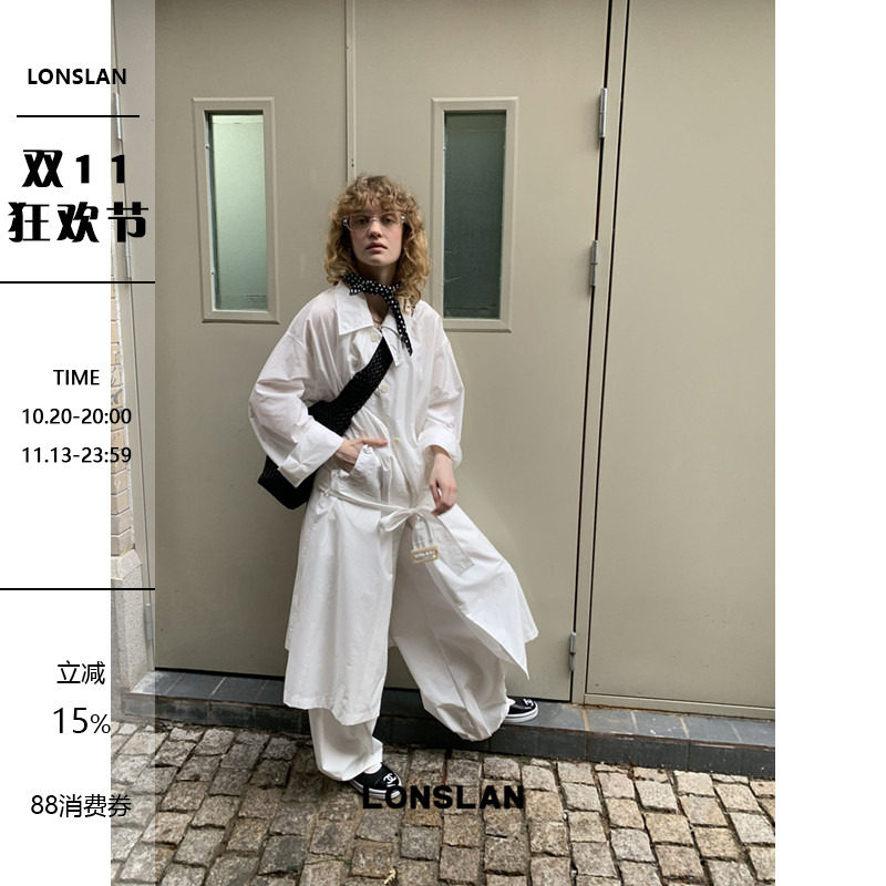 LONSLAN 2026春夏新品薄款长款衬衫翻领腰带风衣外套