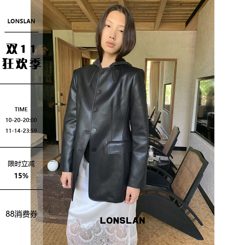 LONSLAN 2025秋季新款 圆领收腰皮衣外套