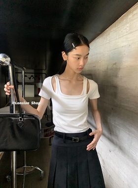 LONSLAN 2022summer 夏季白色显瘦修身套装女短款背心T恤两件套