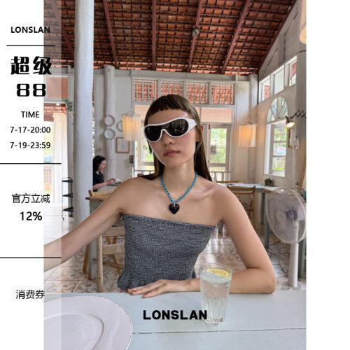LONSLAN 2026SUMMER春夏新款 杂色蓝色花边松紧褶皱抹胸