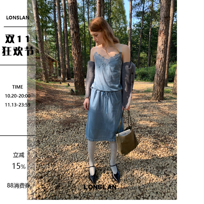LONSLAN 26WINTER 10.20NEW20:00丝绒蕾丝花边背心+抽绳丝绒半裙