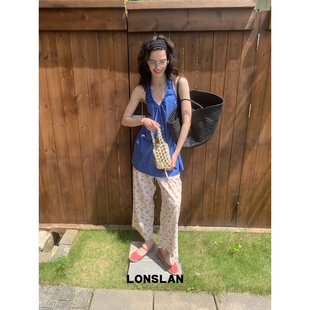 LONSLAN 26SUMMER褶皱v领挂脖露背背心娃娃裙上衣