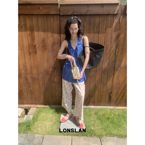 LONSLAN 2026夏季新款褶皱v领挂脖露背背心娃娃裙上衣